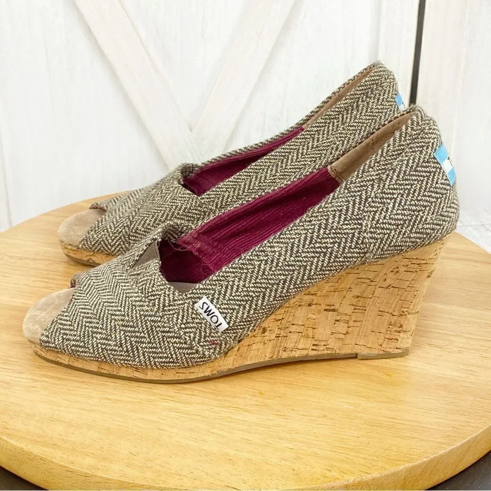 Toms Wedge Heels Herringbone Tweed Peep Toe Cork‎ Brown Tan Size 8